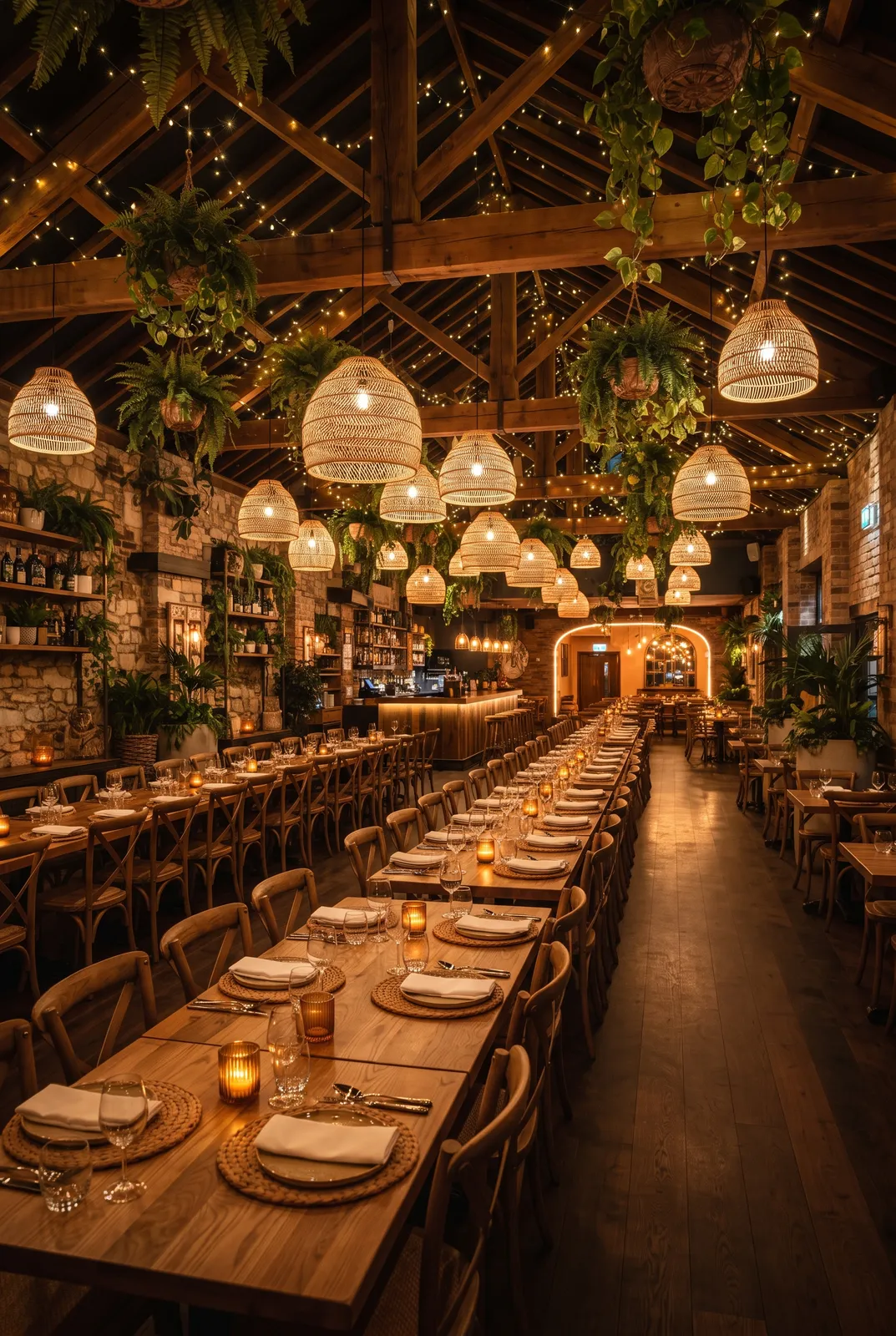 Salón principal con lámparas de mimbre