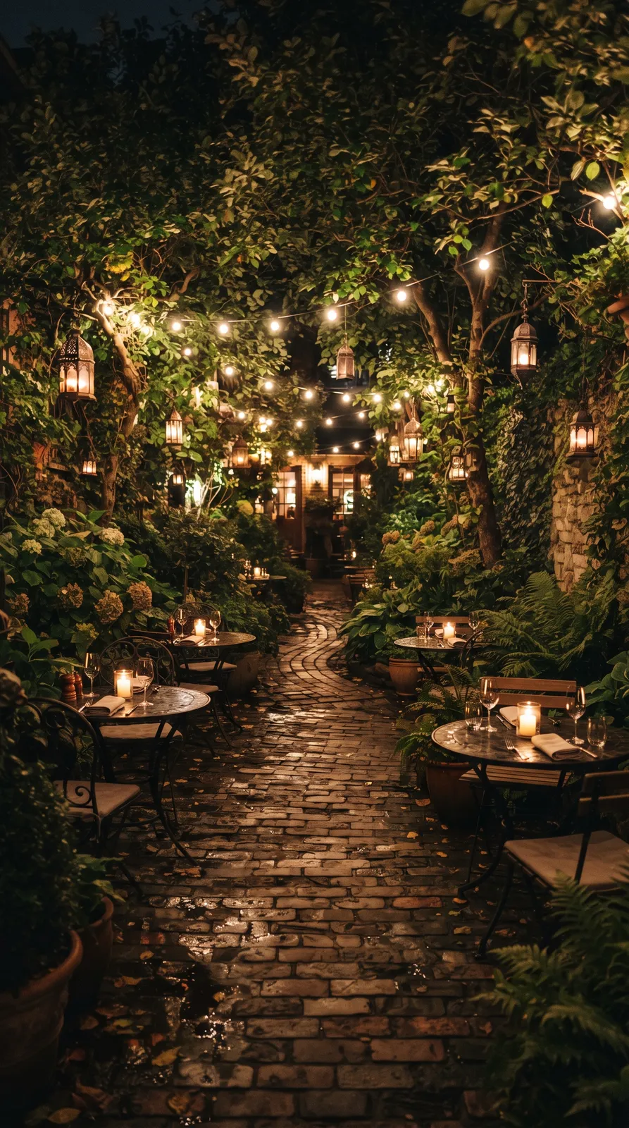 Patio iluminado con guirnaldas de noche